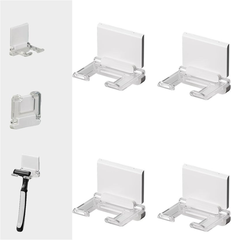JWCE . Self-Adhesive Foldable Hook | Wall-Mounted Power Cord Organizer | Razor Holder | Multi-Purpose Hanging Hook for Kitchen & Bathroom | 4-Pack↳ (4, White+Clear) - Image 1